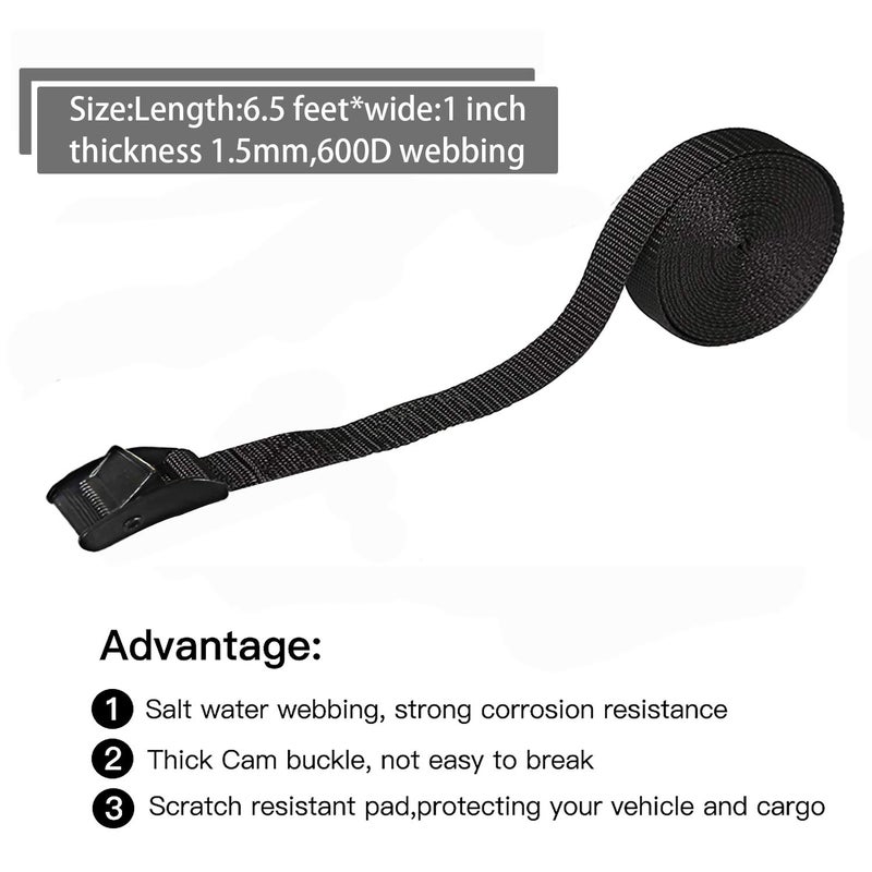 Gutezeiten Premium Lashing Strap Short 1"" x 6.5 ft  Cam Buckle Tie Down Straps Heavy Duty Secure Straps up to 700 lbs Capacity for Motorcycle SUP  Kayak  Canoe  Trailer  Cargo  Truck  Luggage 4 Pcs - Image 2